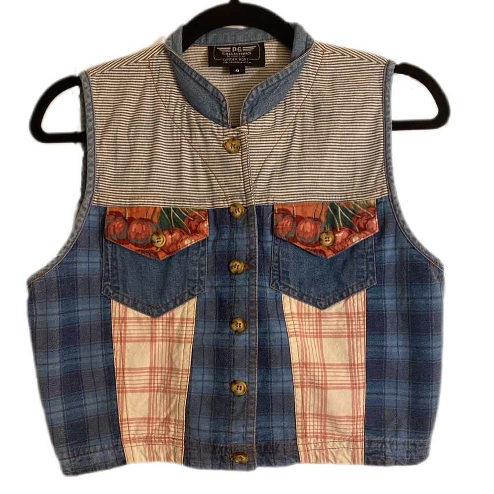 Vintage Style Picnic Inspired Cropped Denim Vest Apples Pears Patchwork 90s
